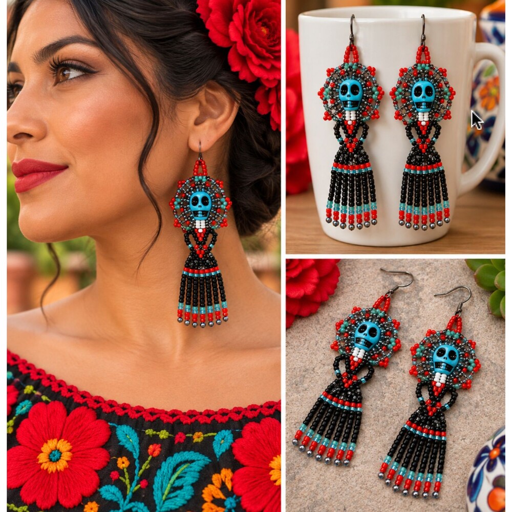 Blue Catrina Day of the Dead Earrings 3" Delica Beaded Dangly Sugar Skull